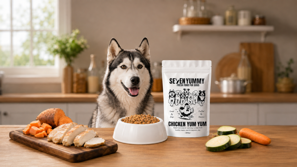 كلب هاسكي أمام وجبة طازجة وكيس Chicken Yum Yum توضيحًا لفوائد الأكل الطازج للكلاب