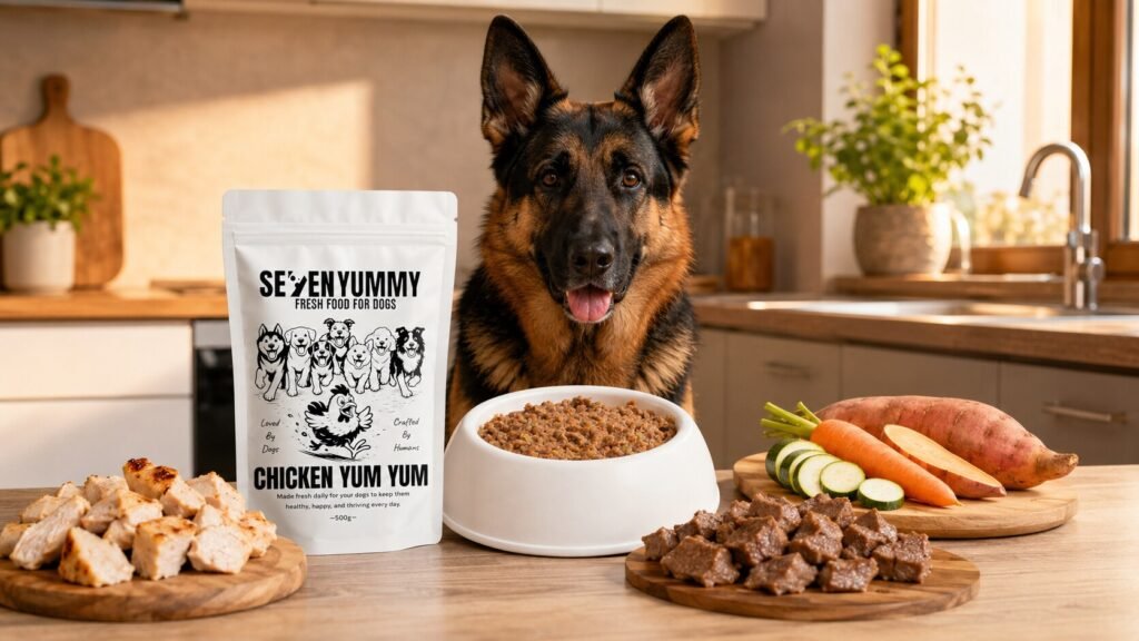 كلب جيرمن شيبرد أمام وجبة Seven Yummy مع فراخ ولحمة وخضار مطبوخ للكلاب